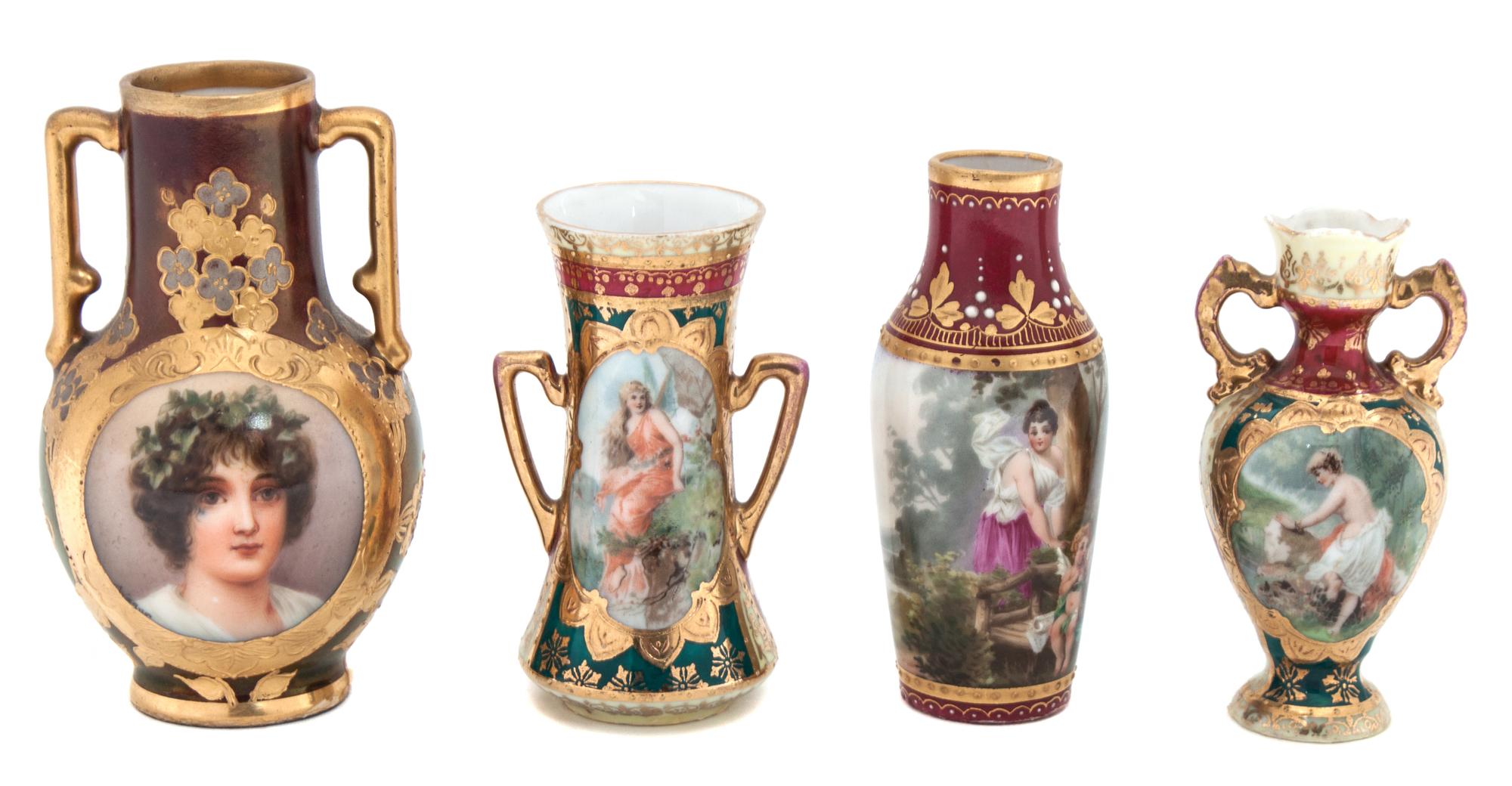 A Group of Continental Porcelain Cabinet Vases Height of first 4 inches.