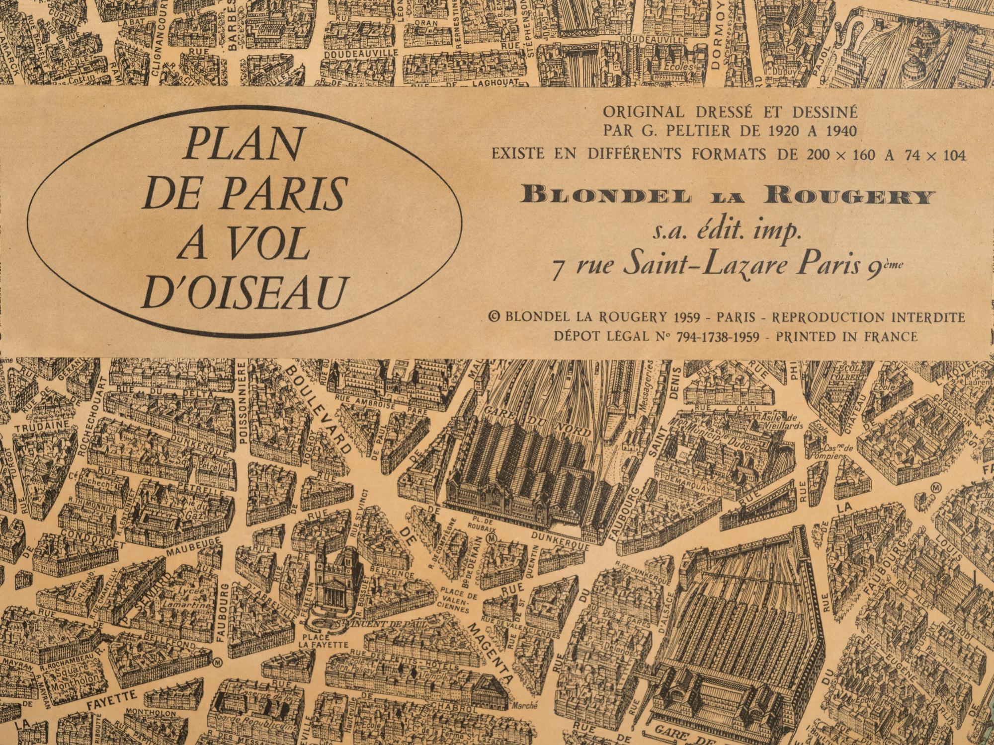 PELTIER, Georges. Plan de Paris a Vol D'oiseau . Paris: Blondel La Rougery, 1959. 48 1/2 x 64 inches. Framed.