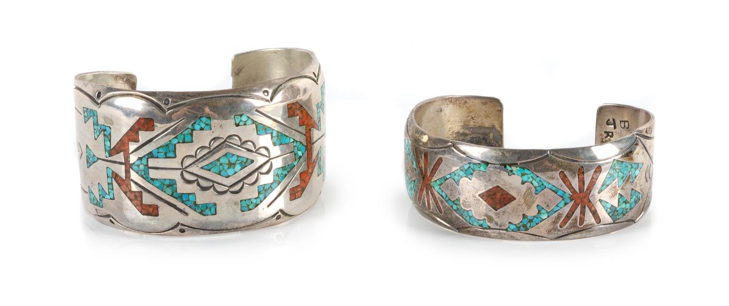 Two Southwestern Silver Chip Inlay Bracelet Length 5 7/8 x opening 1 x width 1 1/2 inches