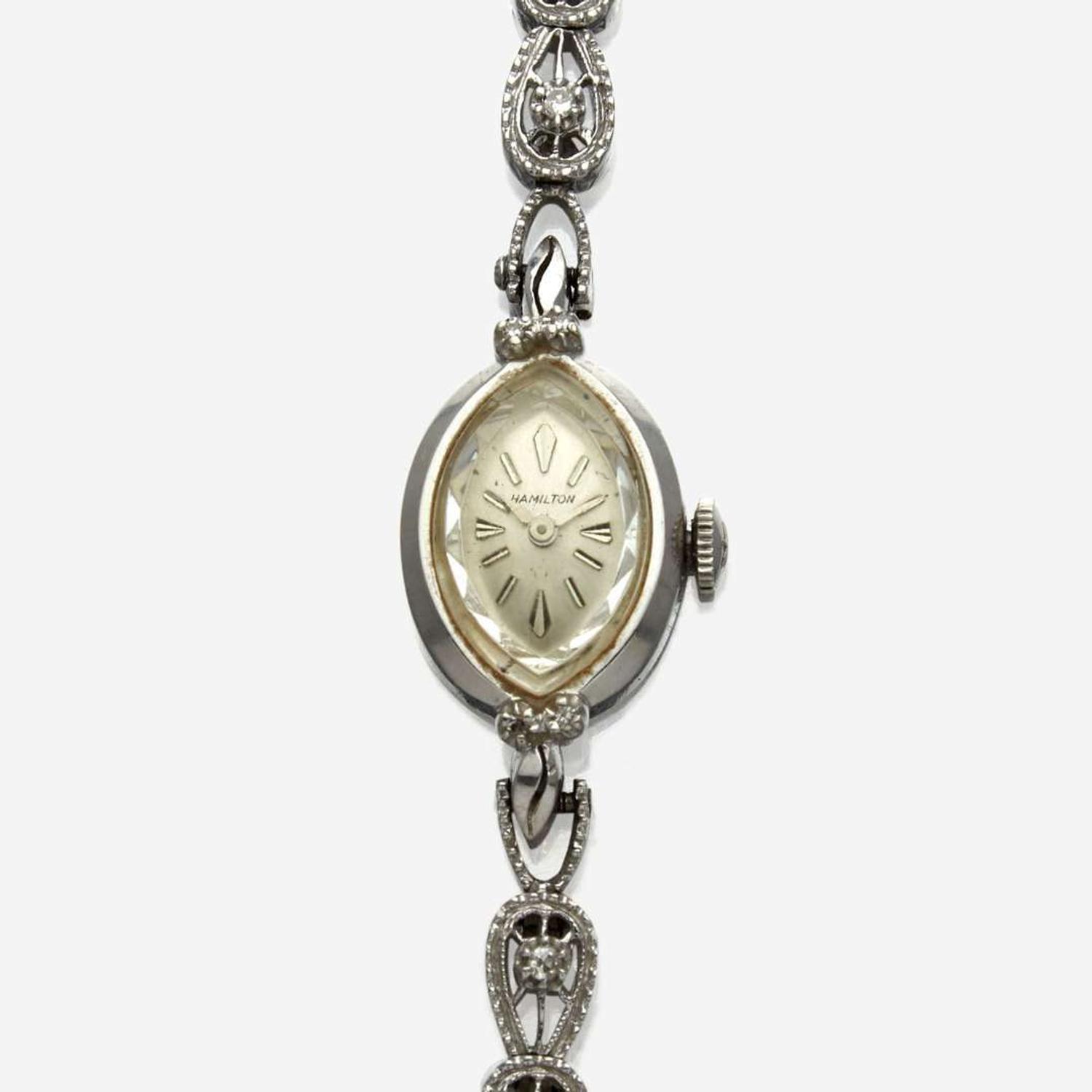 A lady's white gold diamond bracelet watch, Hamilton