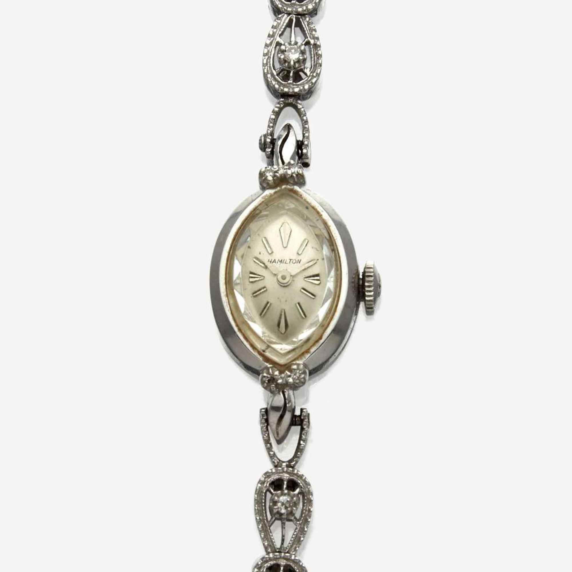 A lady's white gold diamond bracelet watch, Hamilton