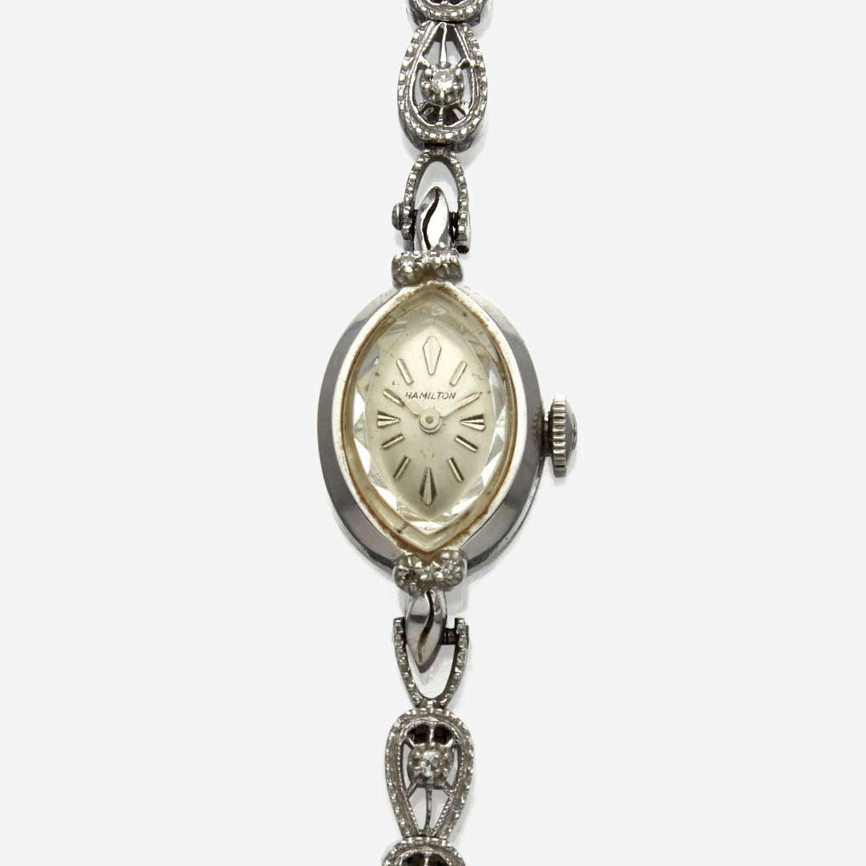 A lady's white gold diamond bracelet watch, Hamilton