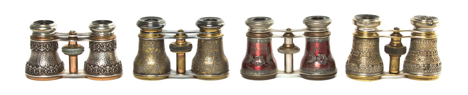 Four Pairs of French Opera Glasses, Width 4 1/8 inches.