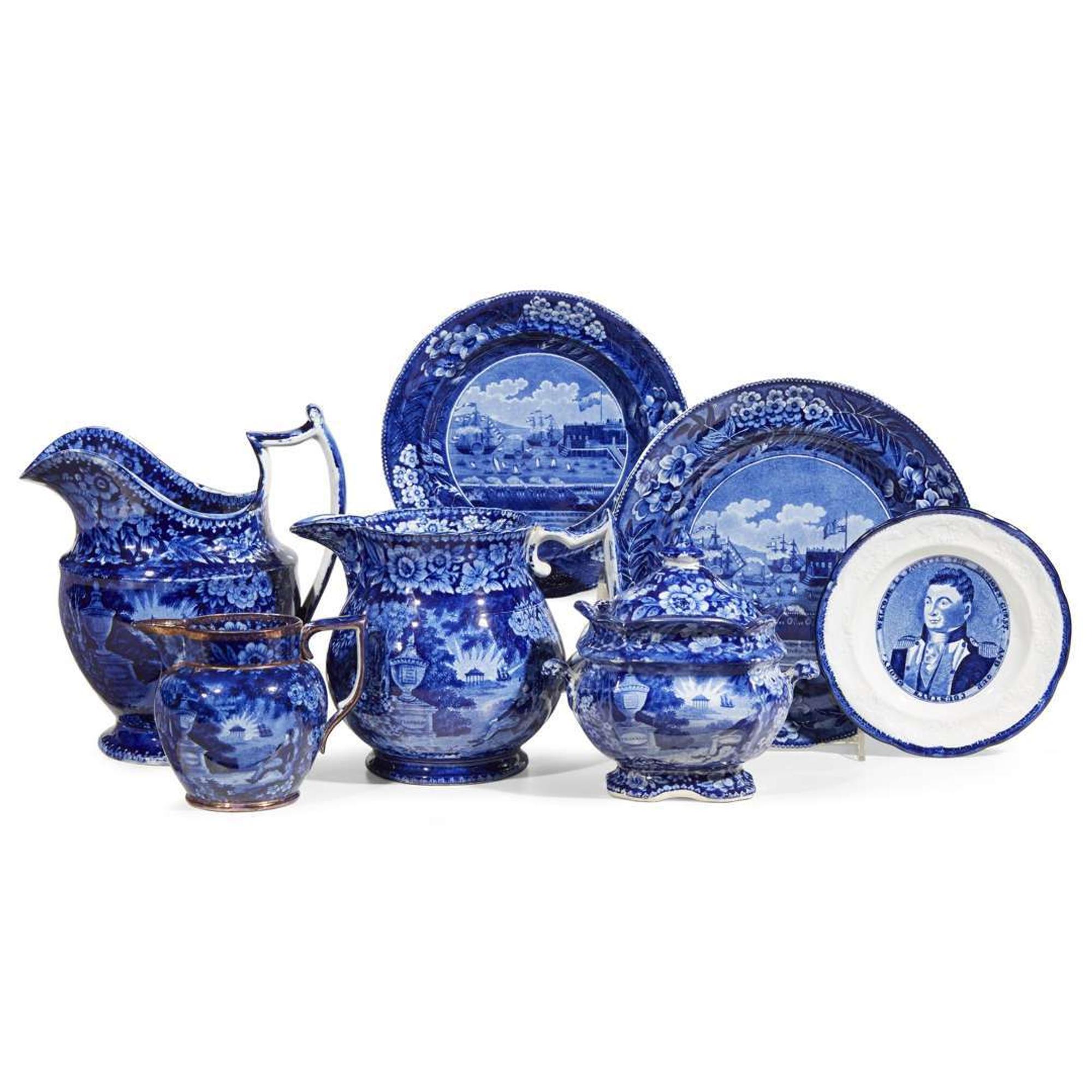 Group of Historical Blue Staffordshire 'Lafayette at the Tomb of Franklin,' & 'Landing of Gen., Lafayette at Castle Garden, New York, August, 1824' table items first half 19th century