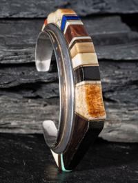 Abstract Silver Cuff Bracelet, set with Ironwood, Lapis, Coral, Turquoise, and 14K Gold Spacers