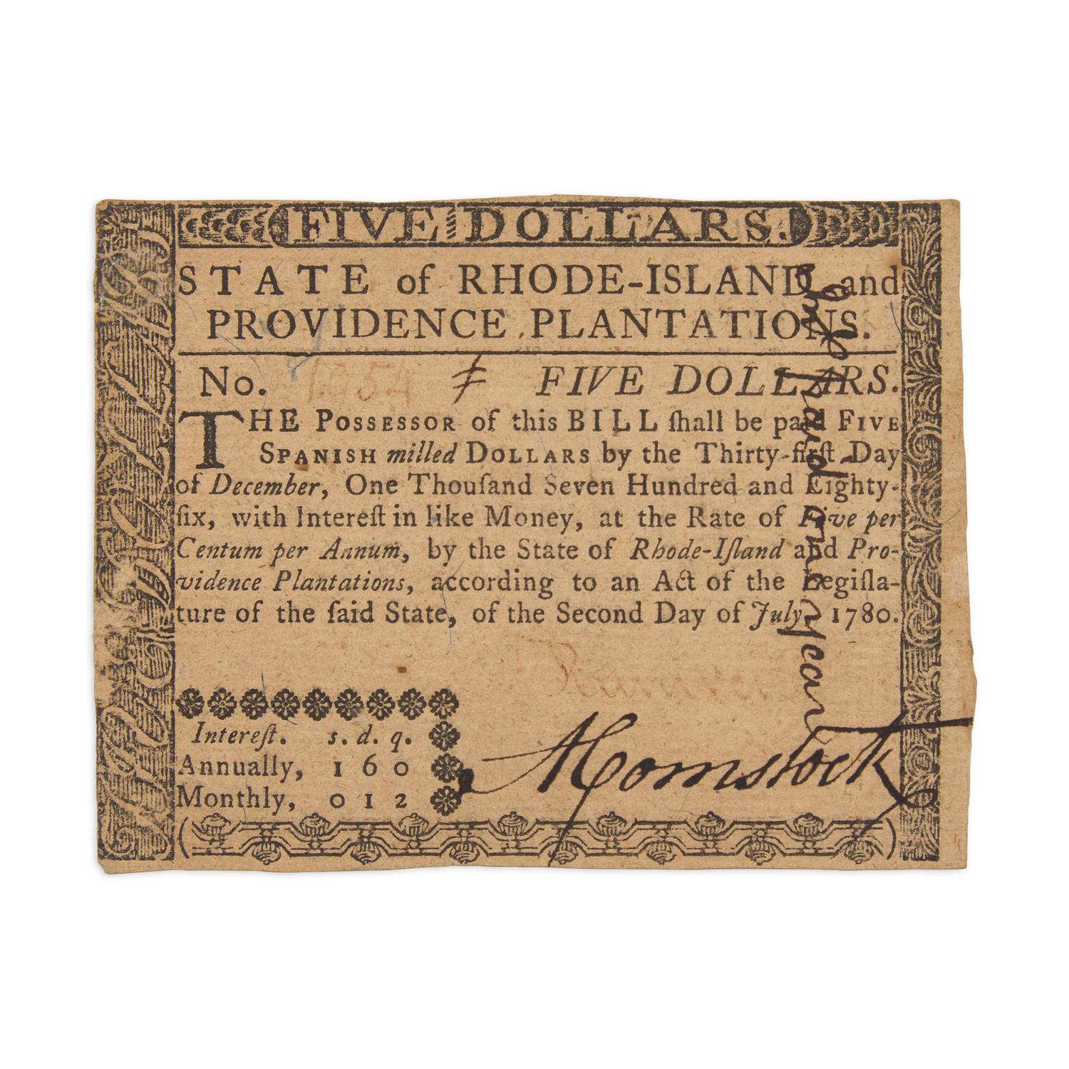 [American Revolution] Rhode Island Five-Dollar Note, Signed by a New England Physician and Statesman