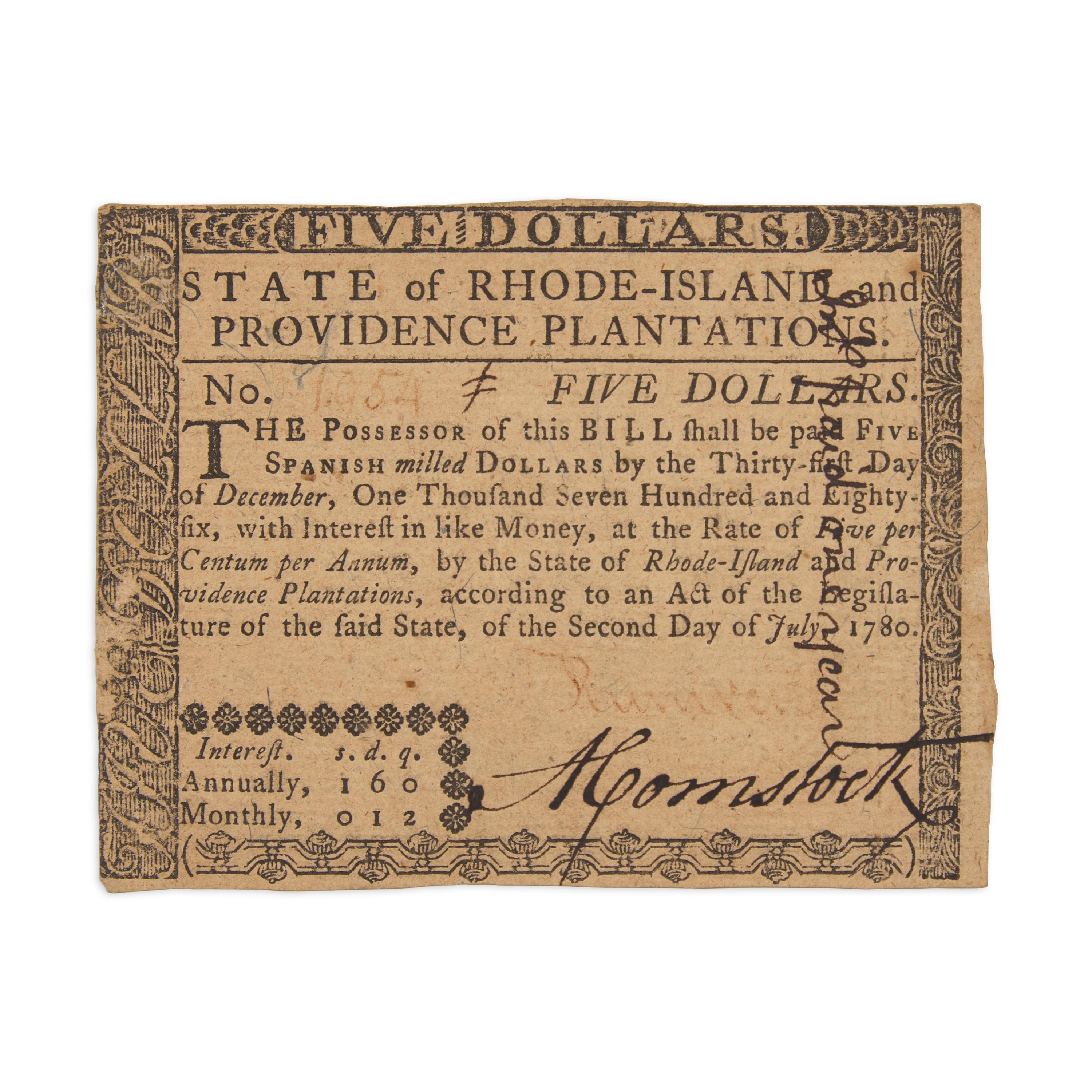 [American Revolution] Rhode Island Five-Dollar Note, Signed by a New England Physician and Statesman
