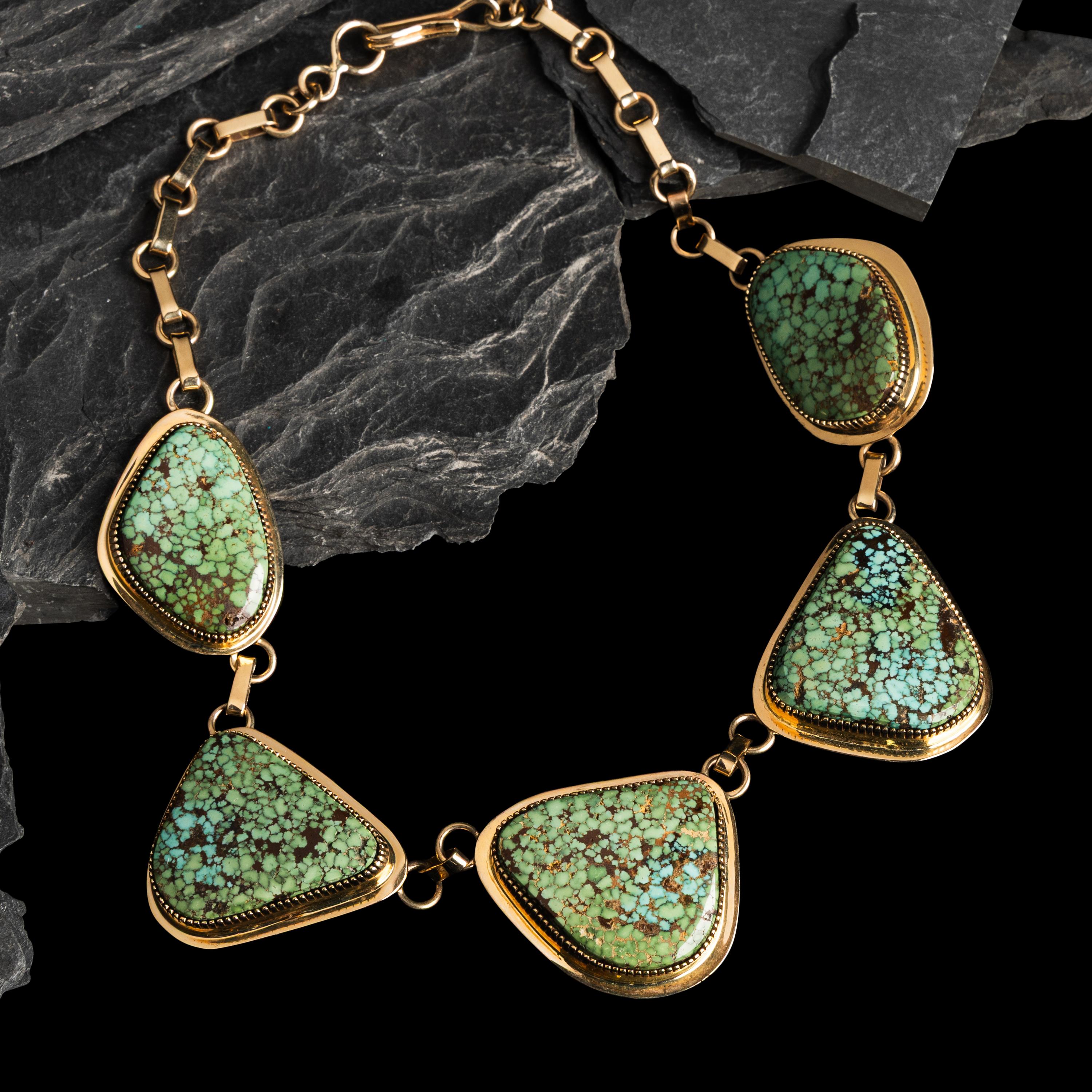 Tommy Jackson (Diné, b. 1958) — 14K Gold and Gem Grade Turquoise Necklace and Matching Clip Earrings