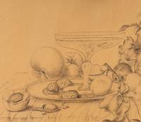 Früchtestilleben mit Blumen und Sektschale , 1880