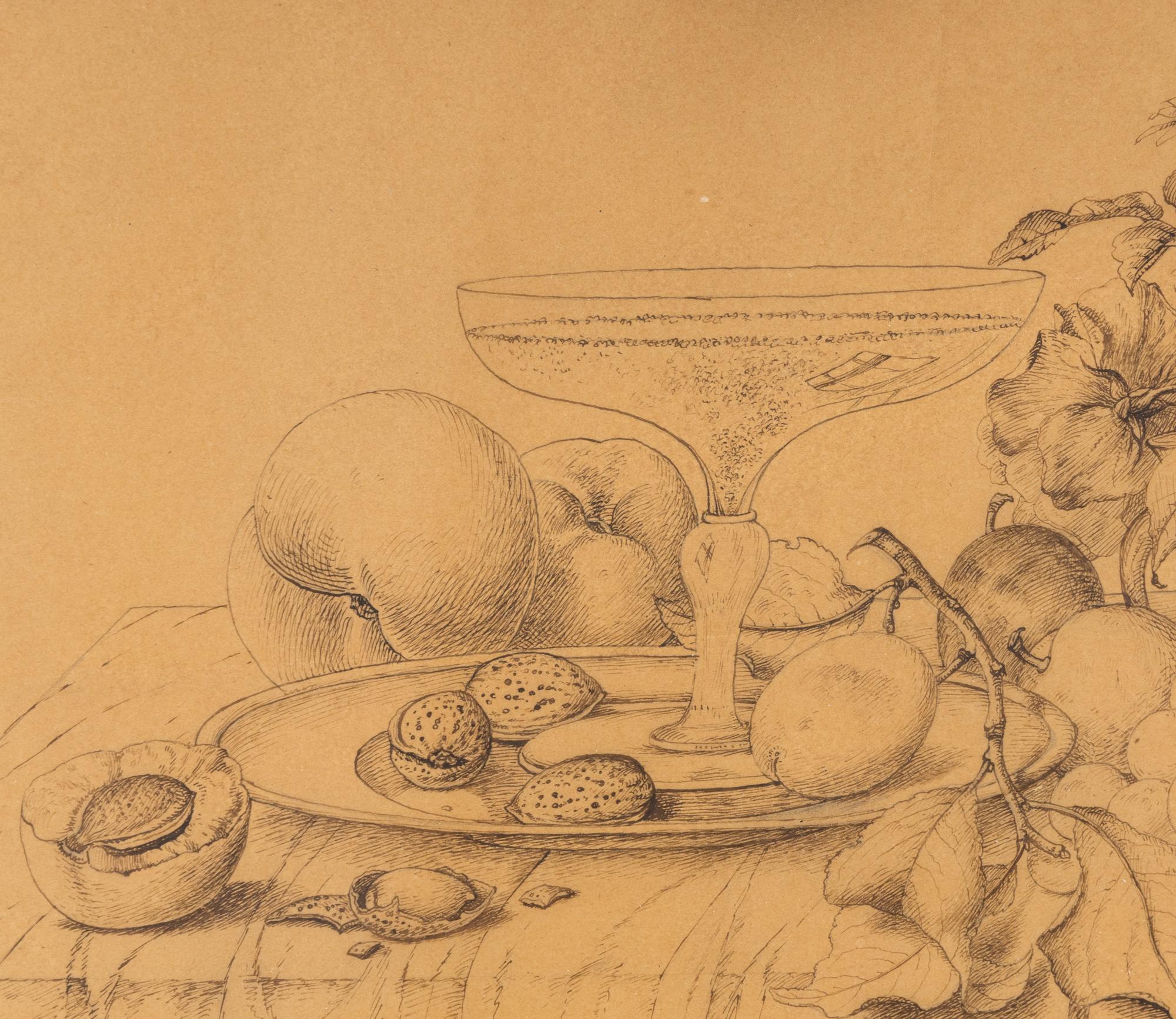 Früchtestilleben mit Blumen und Sektschale , 1880