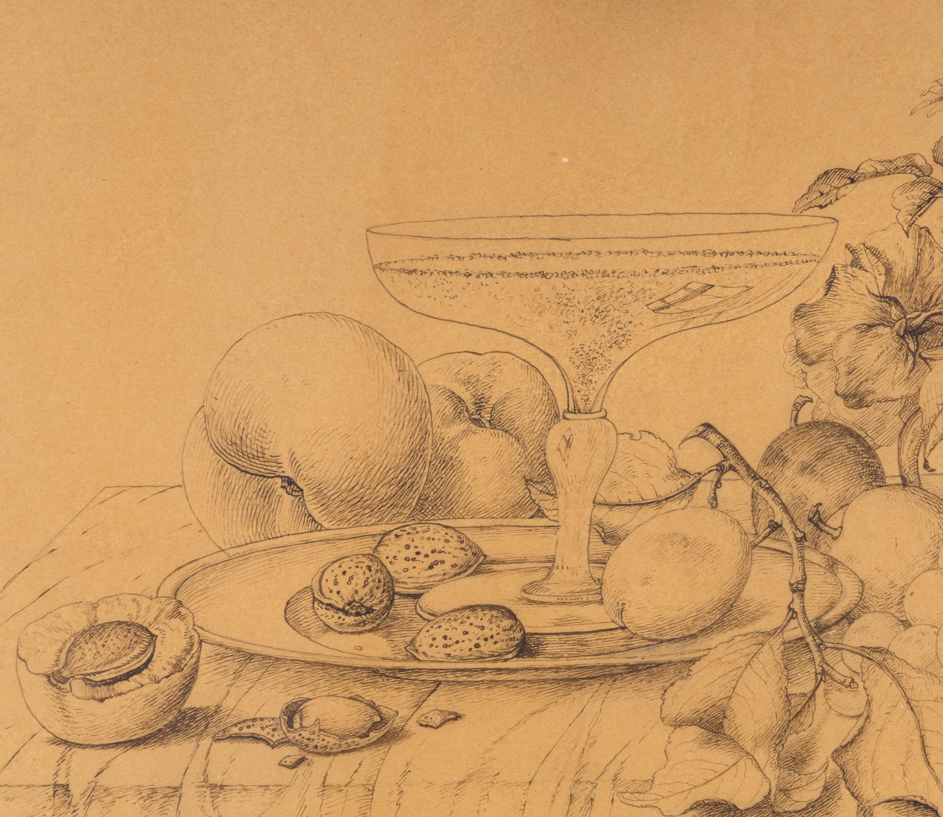 Früchtestilleben mit Blumen und Sektschale , 1880