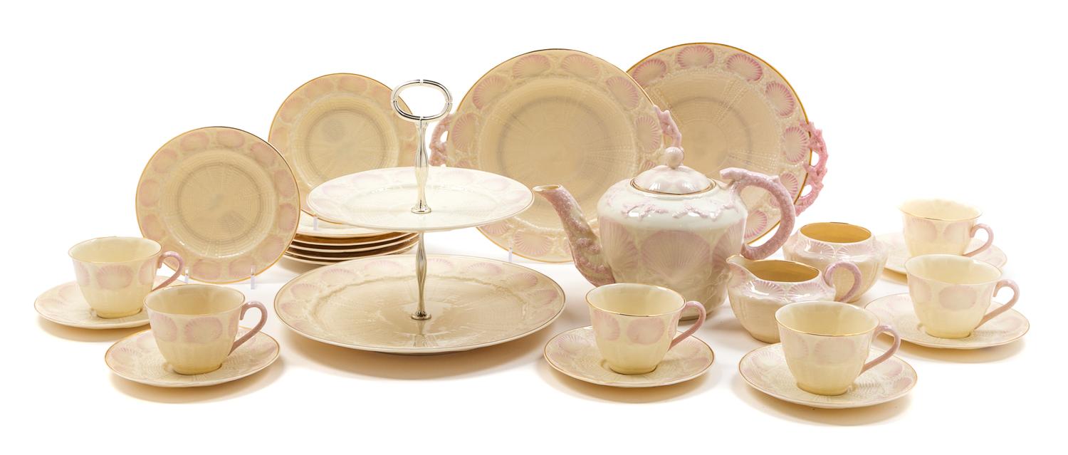 A Belleek Pink Shell Coffee and Dessert Service Width of teapot 10 1/2 inches. — SIXTH GREEN MARK (1965-1980)