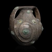 A Chinese Grey Pottery Amphora with Metal Boss Appliques, Western Han Dynasty — 西漢 黑陶嵌铜泡钉双耳壶