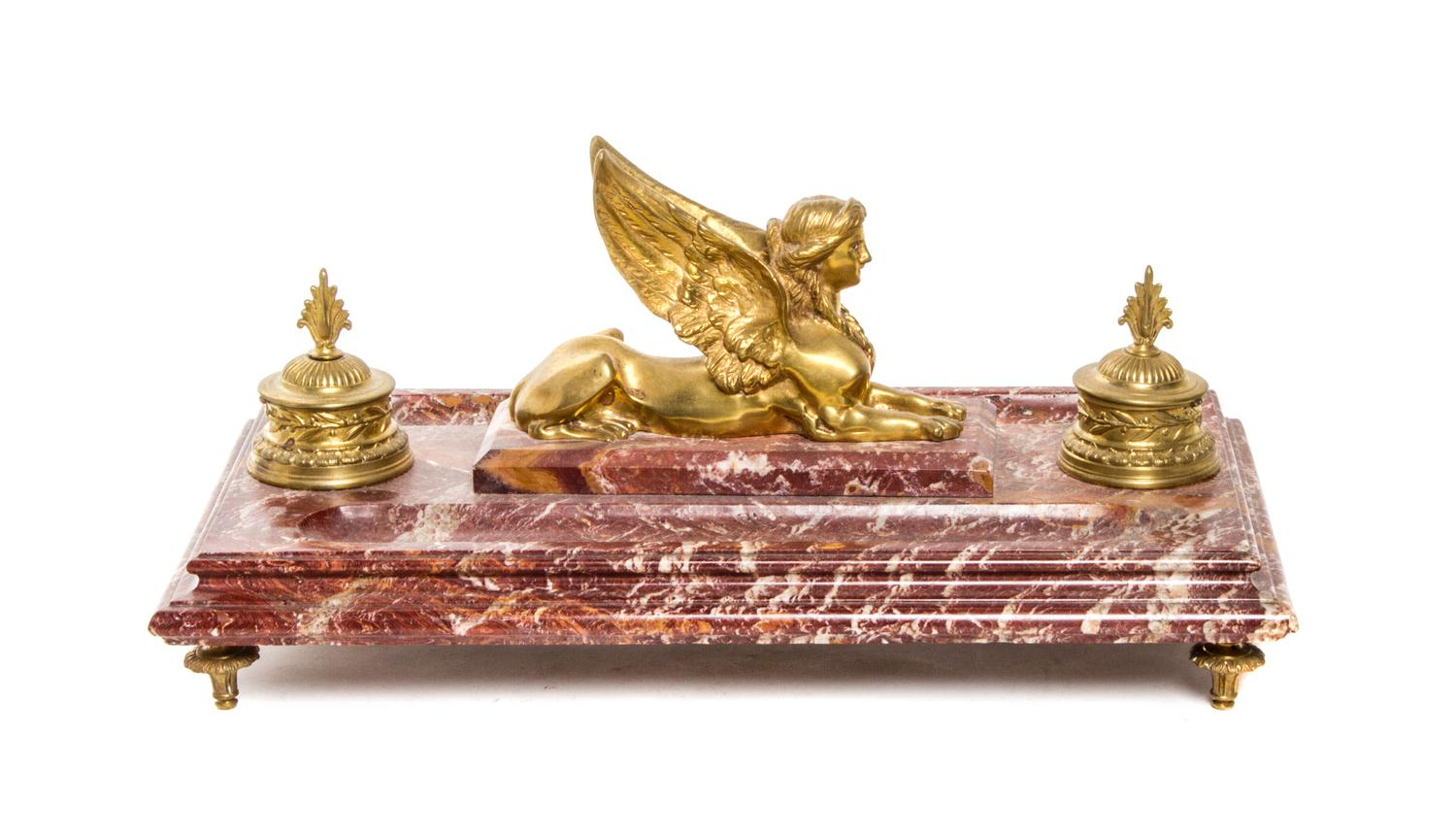 A Neoclassical Gilt Bronze and Marble Inkwell, Width 19 inches.