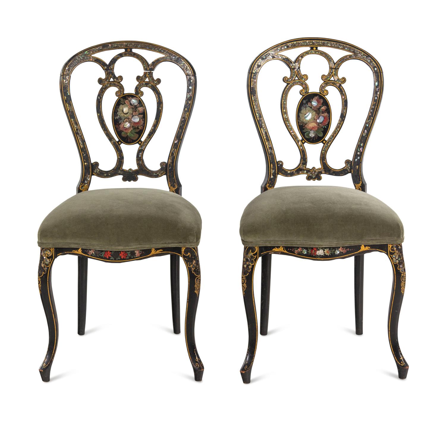 A Pair of French Mother-of-Pearl Inlaid Ebonized Side Chairs