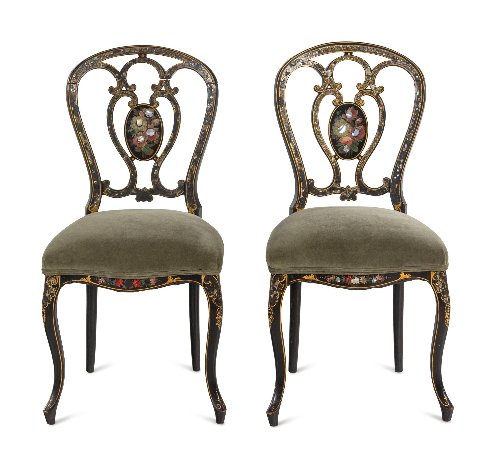 A Pair of French Mother-of-Pearl Inlaid Ebonized Side Chairs