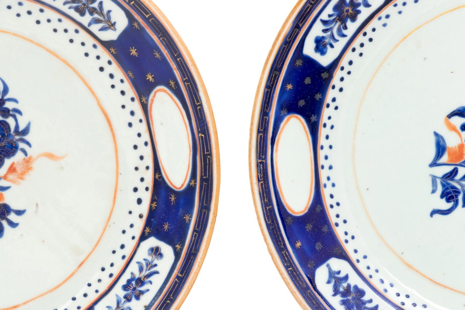 A Pair of Chinese Export Gilt Decorated Blue and Red Enameled Porcelain Plates