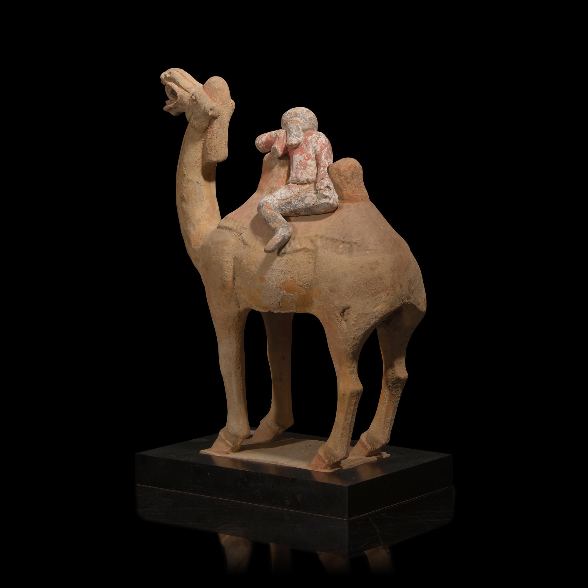 A Chinese Painted Pottery Figural Group of a Camel and a Rider, Possibly Tang Dynasty — 或為唐 陶加彩駱駝俑