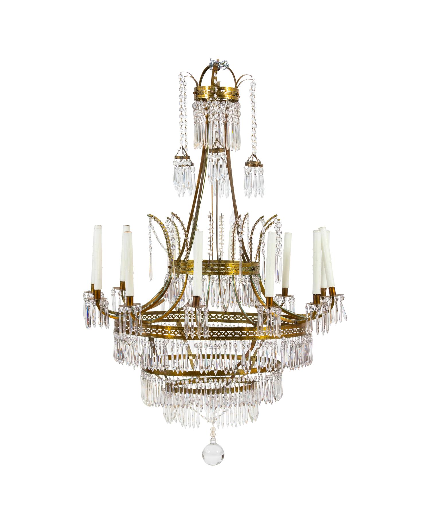 A Continental Gustavian Style Gilt Metal and Crystal 12-Light Chandelier — 19TH CENTURY