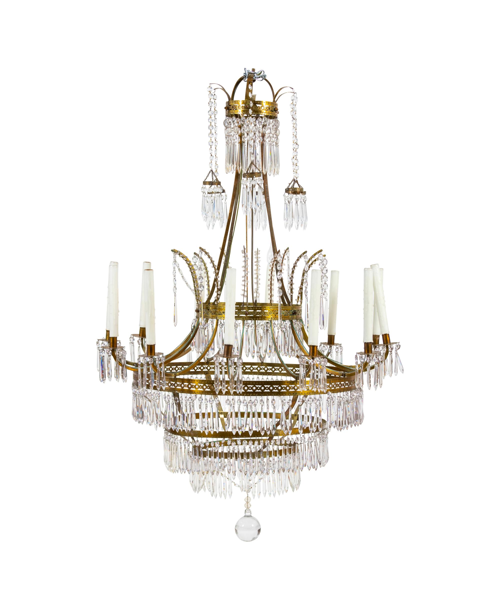 A Continental Gustavian Style Gilt Metal and Crystal 12-Light Chandelier — 19TH CENTURY