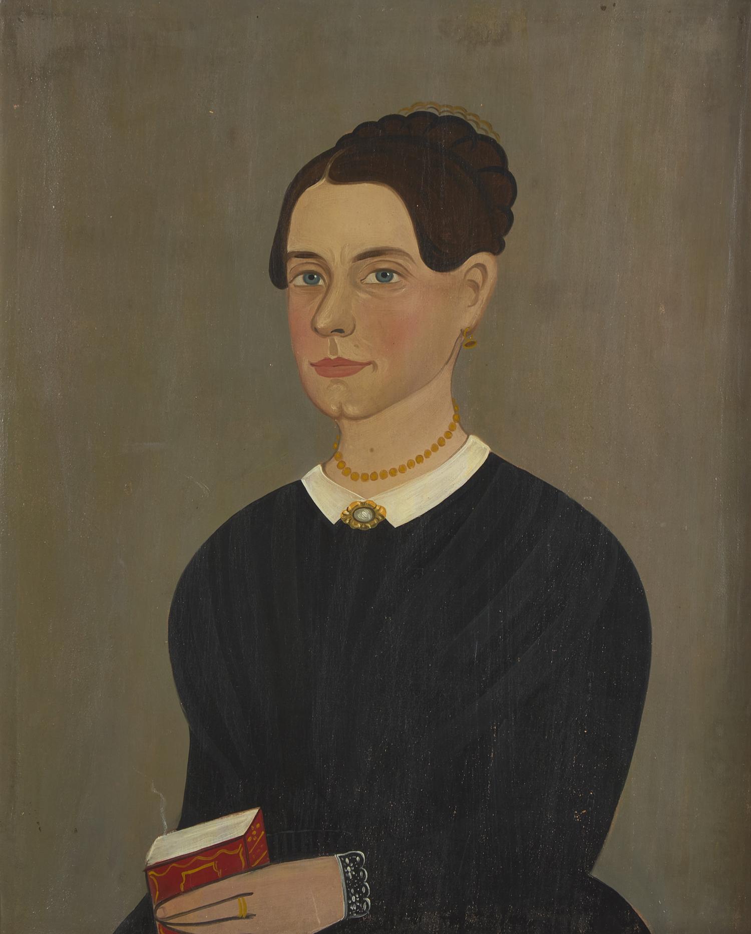 Attributed to George G. Hartwell (1815-1901), A Portrait of a Lady in Black Holding A Red Book