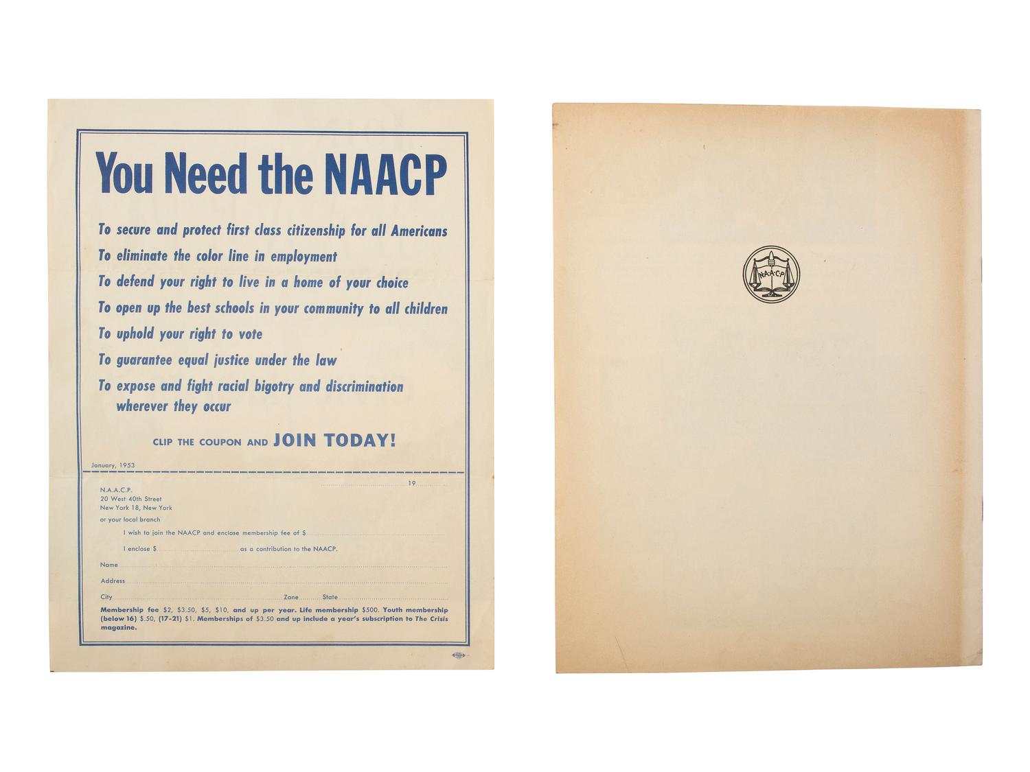 [CIVIL RIGHTS]. A collection of pamphlets, forms, and other ephemera related to the NAACP.