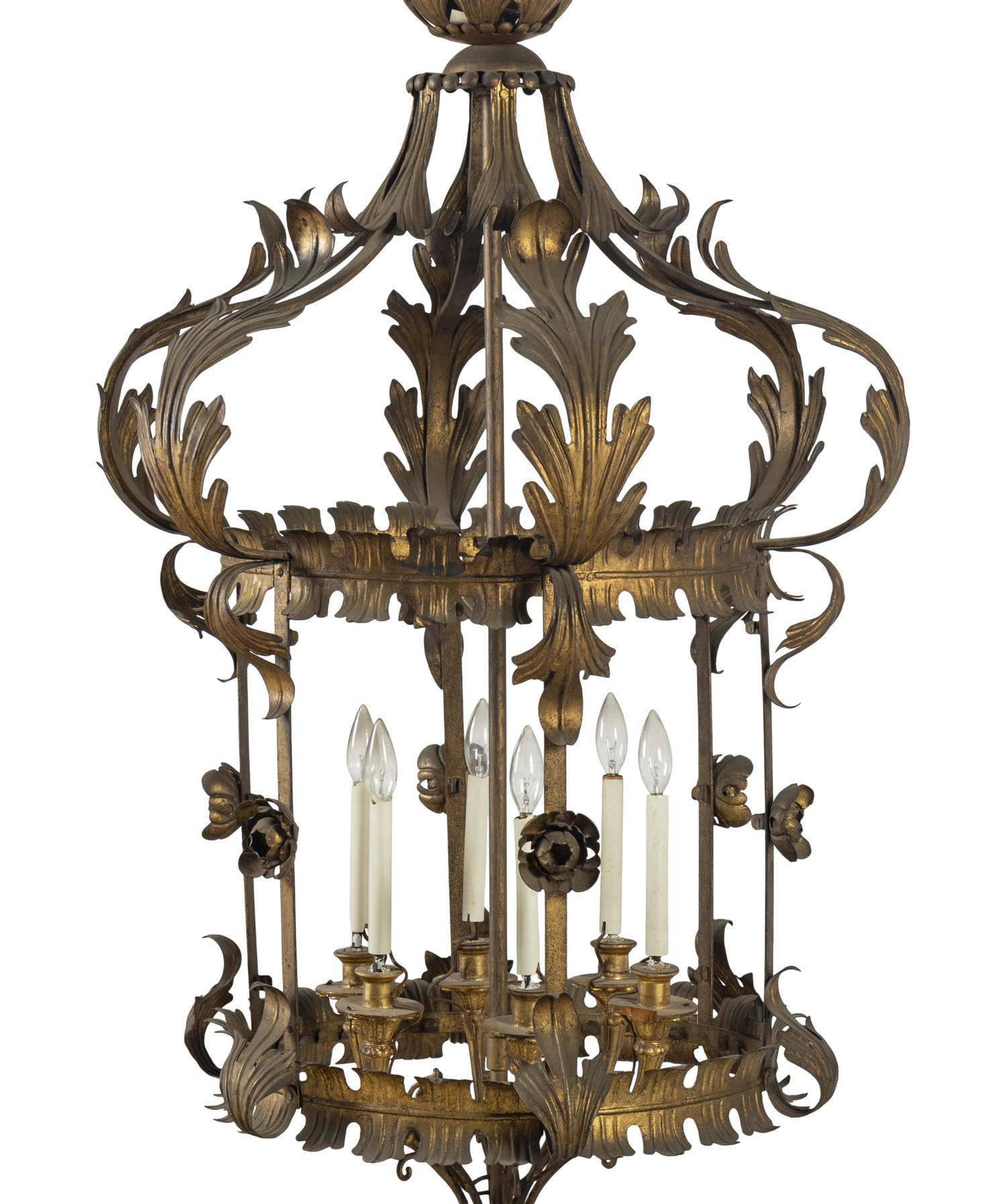 A Pair of Gilt Tôle, Glass and Giltwood Hall Lanterns from the Embassy of Italy, Washington, D.C.