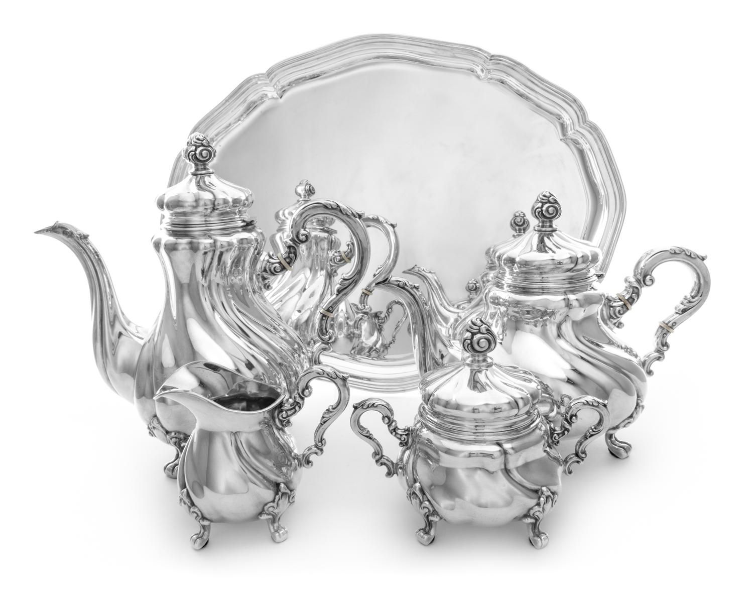 A German Sterling Silver Five-Piece Tea and Coffee Service, Gebruder Deyhle, Schwabisch Gmund, 20th Century, comprising a coffee pot, a