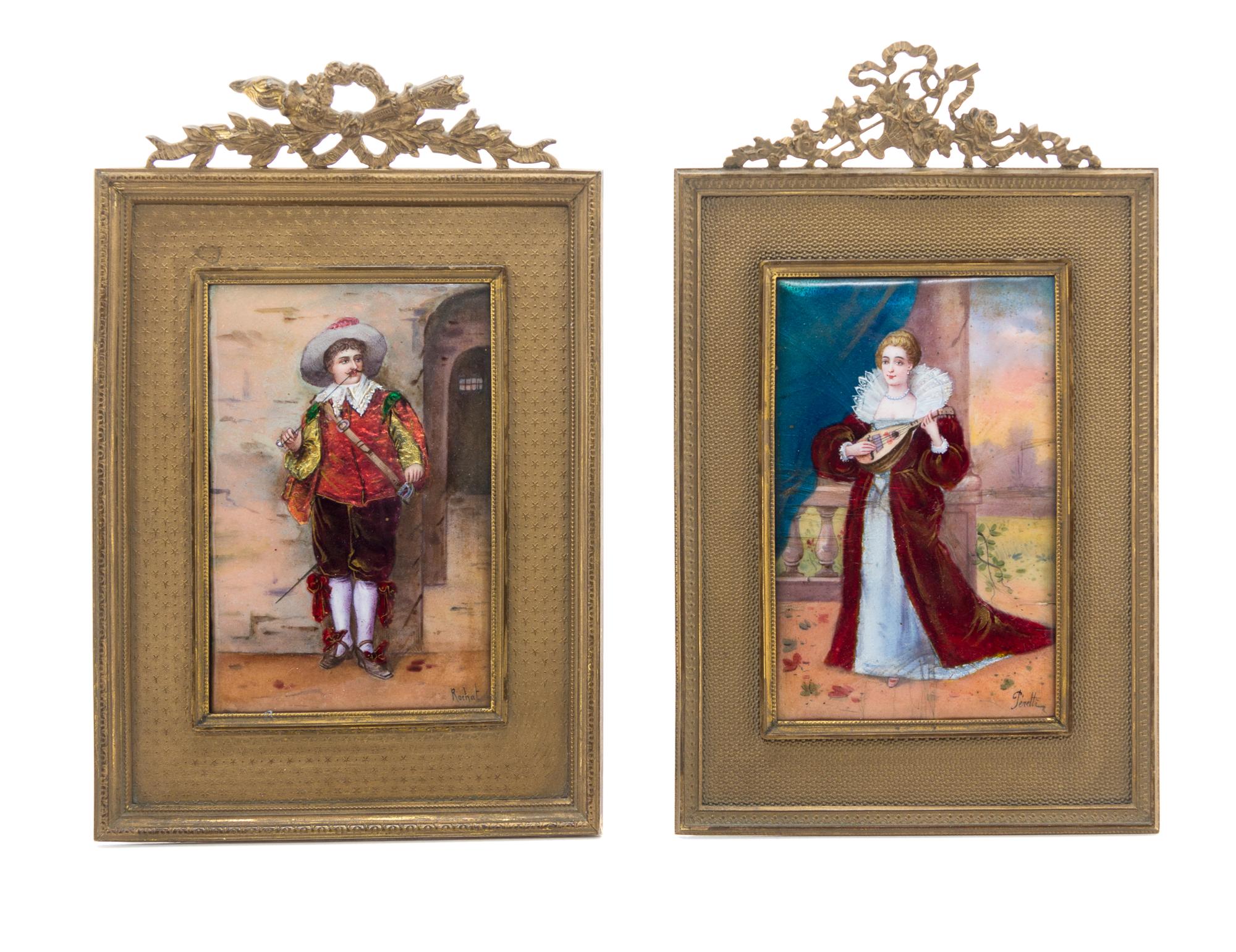 Two French Enamel on Copper Plaques Height 4 1/2 x width 3 inches (visible).