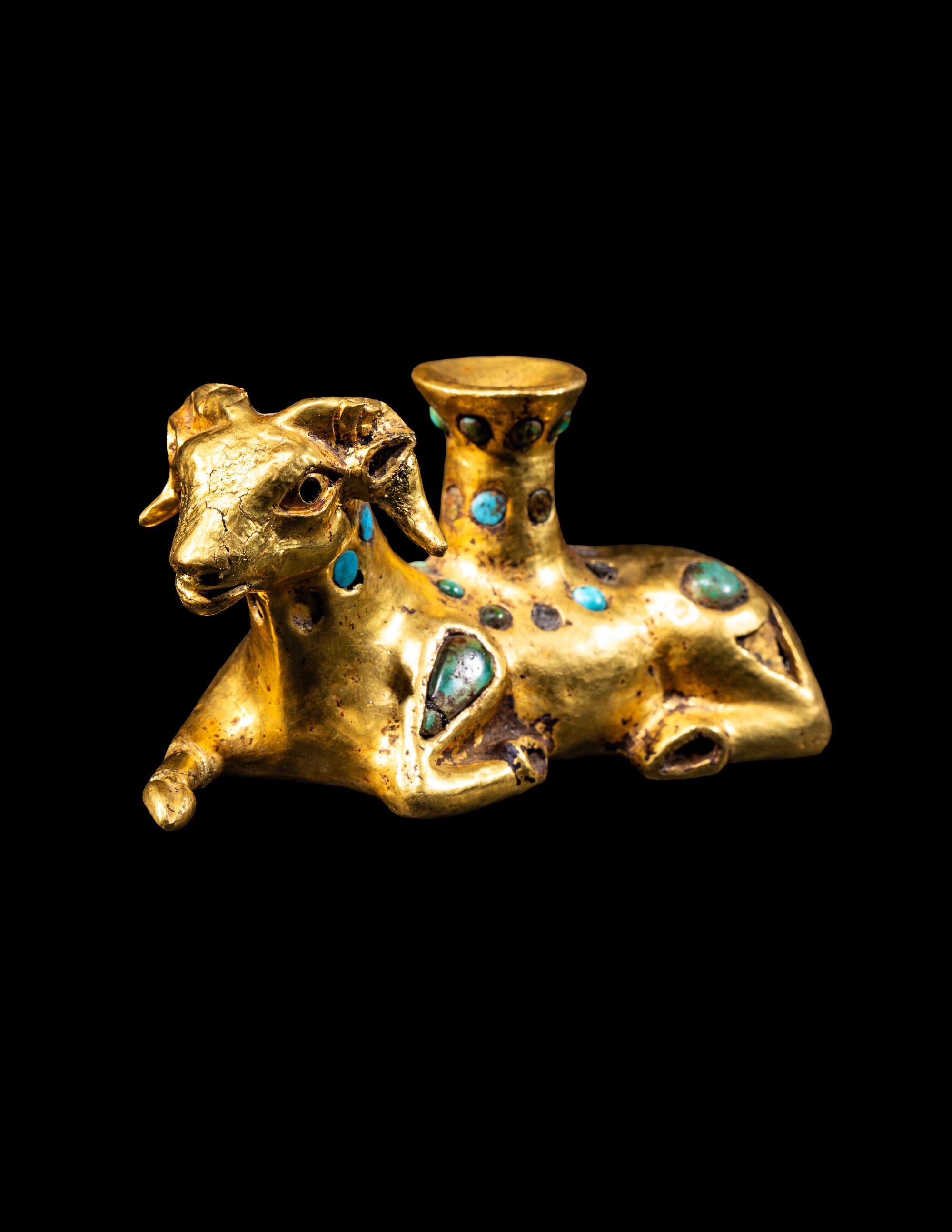 A Eurasian Gold and Turquoise Inlay Vessel in the form of a Recumbent Ram