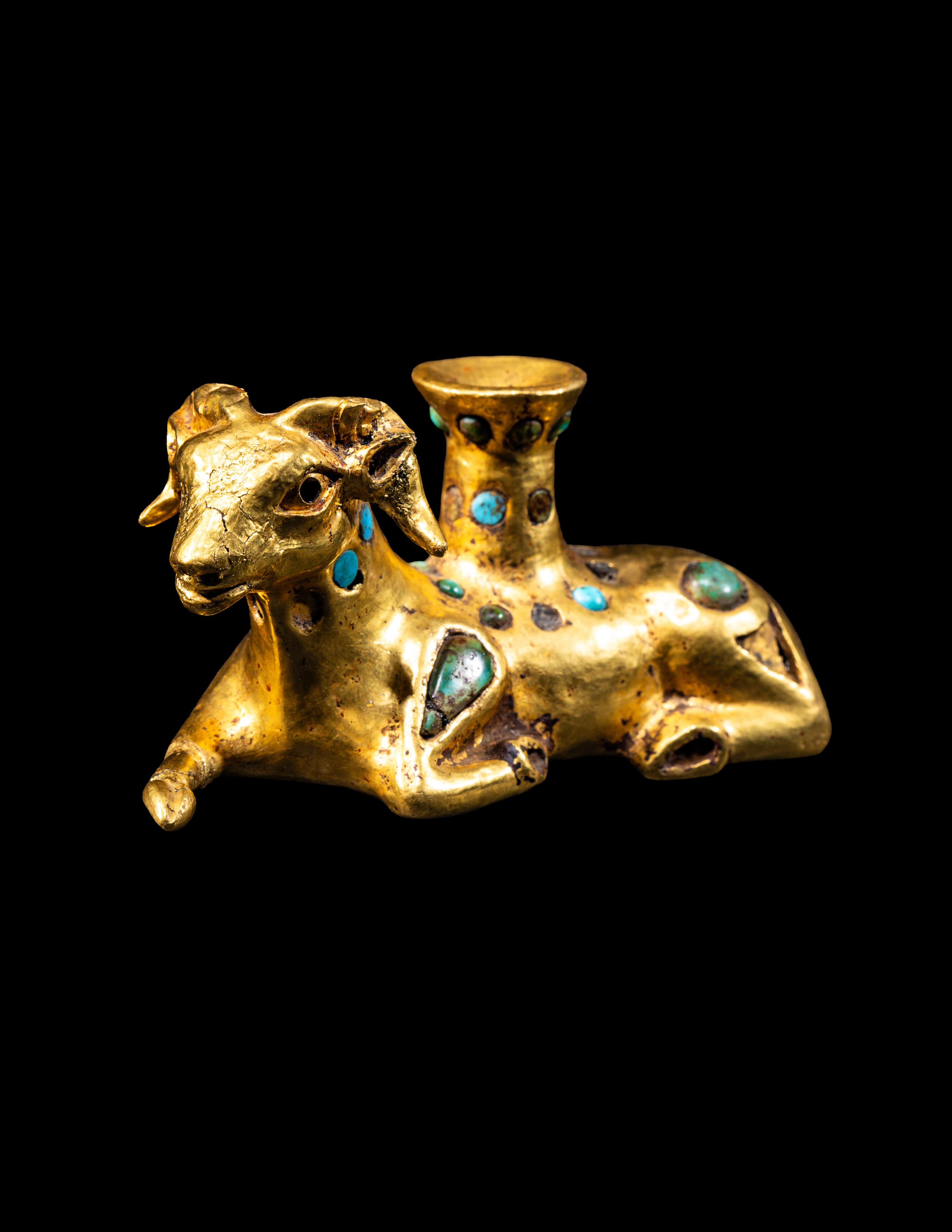 A Eurasian Gold and Turquoise Inlay Vessel in the form of a Recumbent Ram