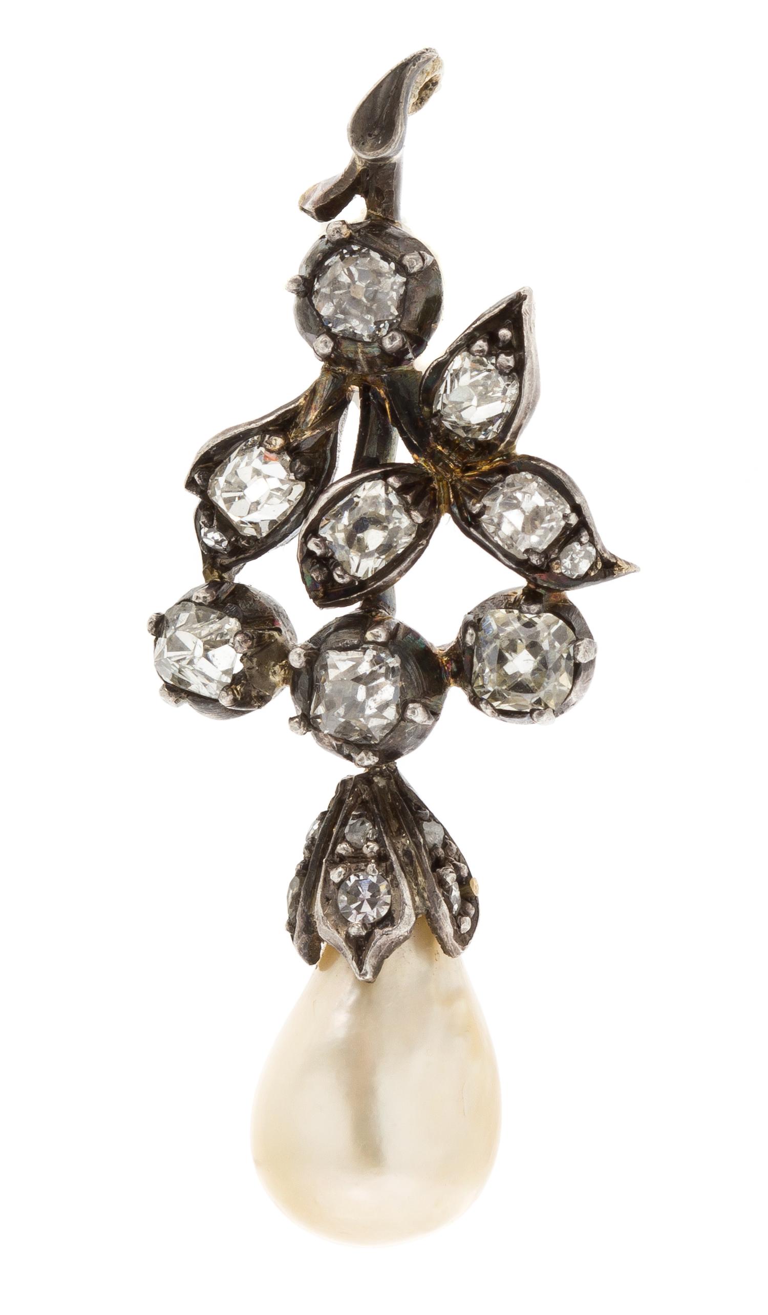 A Silver Topped Yellow Gold, Natural Pearl and Diamond Pendant, 3.90 dwts.