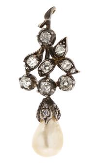 A Silver Topped Yellow Gold, Natural Pearl and Diamond Pendant, 3.90 dwts.