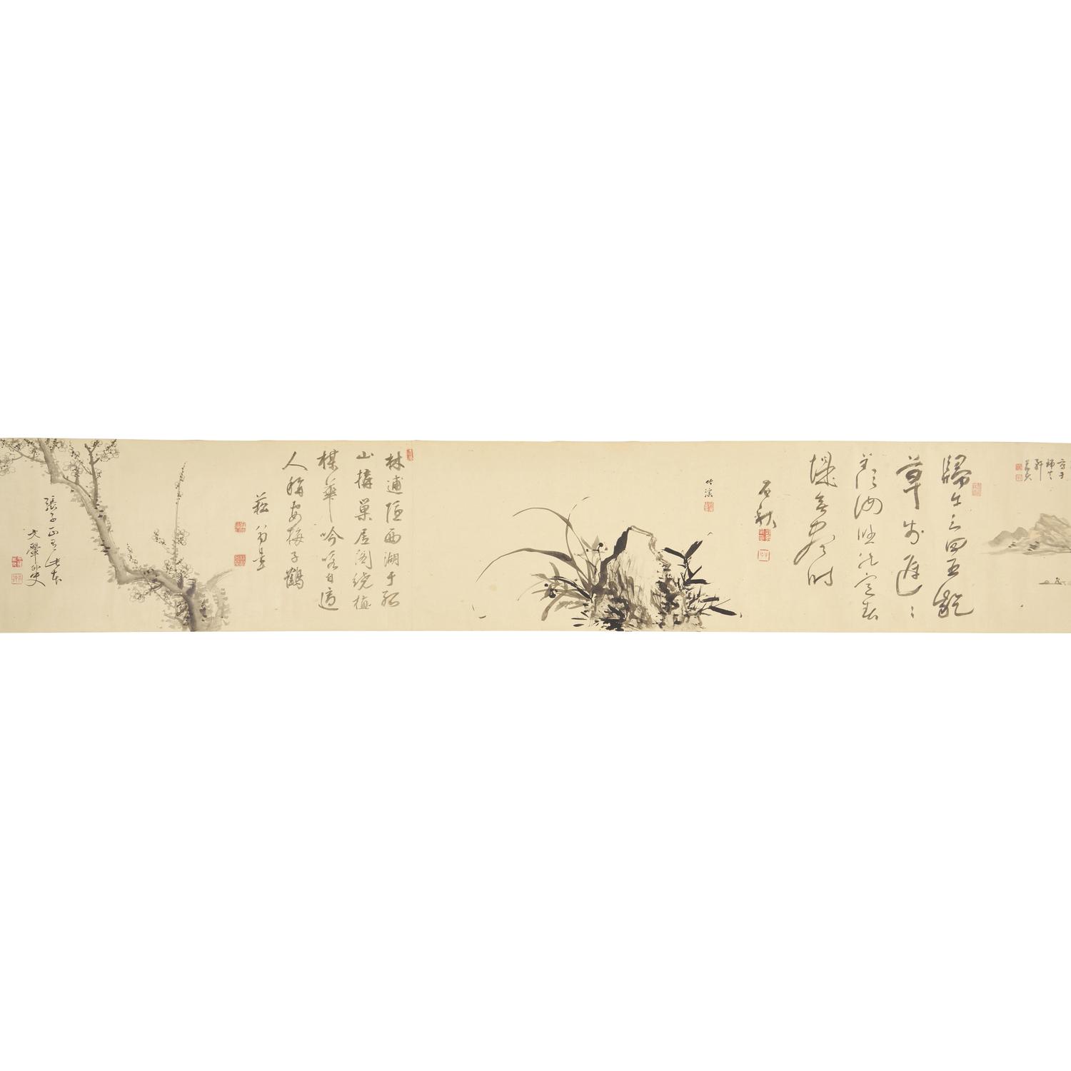 Nakabayashi Chikkei (Japanese 1816-1867) Hisani Nakanishi (1807-1884), Oda Kaisen (1785-1867), et al, Emaki Handscroll, Kyoto, 1857