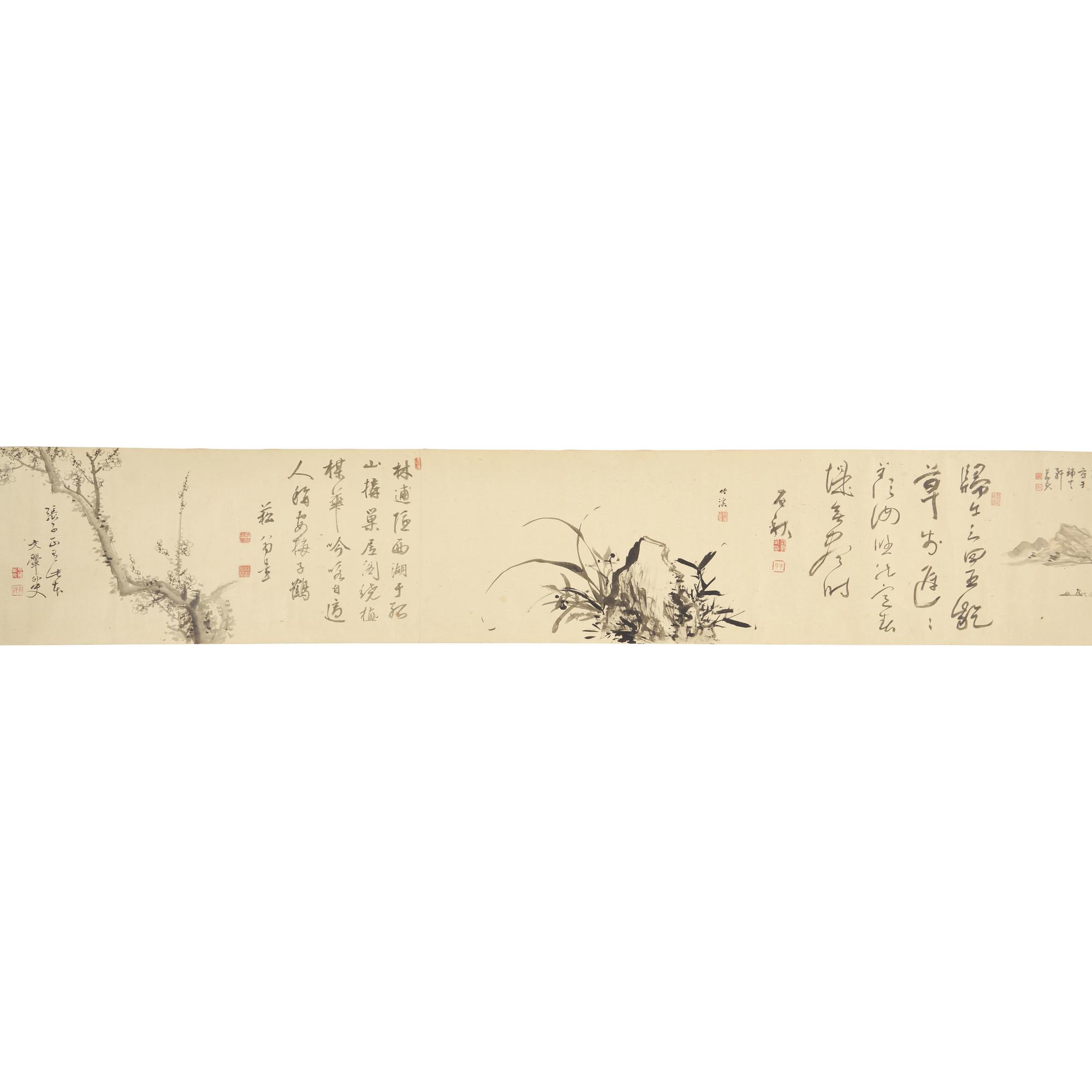 Nakabayashi Chikkei (Japanese 1816-1867) Hisani Nakanishi (1807-1884), Oda Kaisen (1785-1867), et al, Emaki Handscroll, Kyoto, 1857