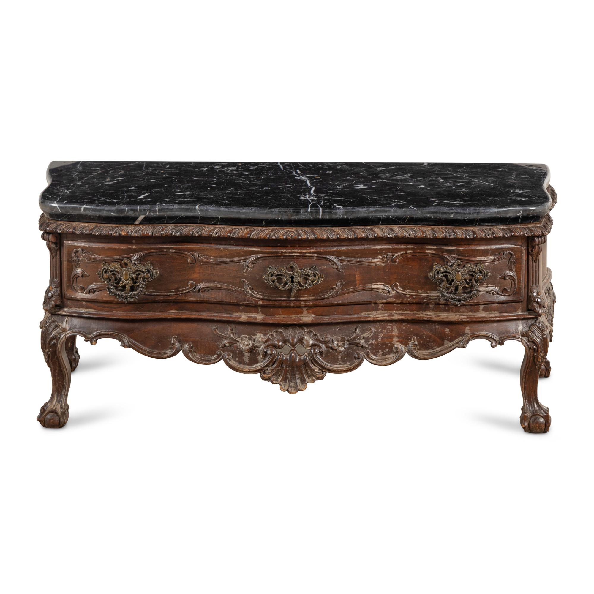 An Italian Carved Walnut and Marble Top Low Console