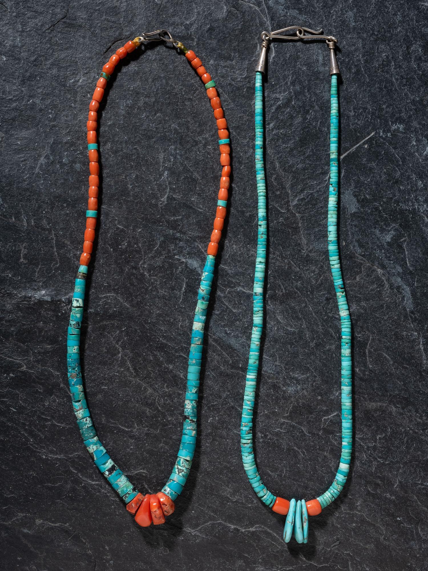 Pair of Pueblo Rolled Turquoise and Coral Single-strand Necklaces