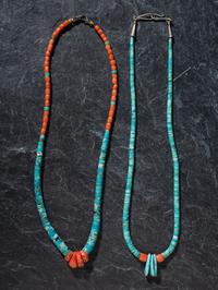 Pair of Pueblo Rolled Turquoise and Coral Single-strand Necklaces