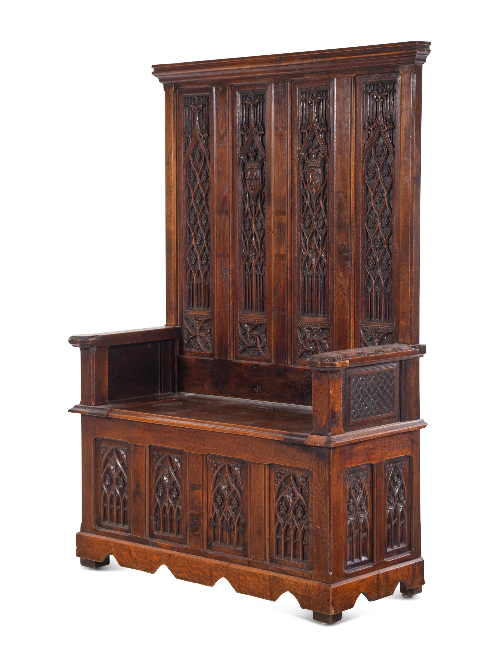 A Gothic Style Carved Oak Hall Bench