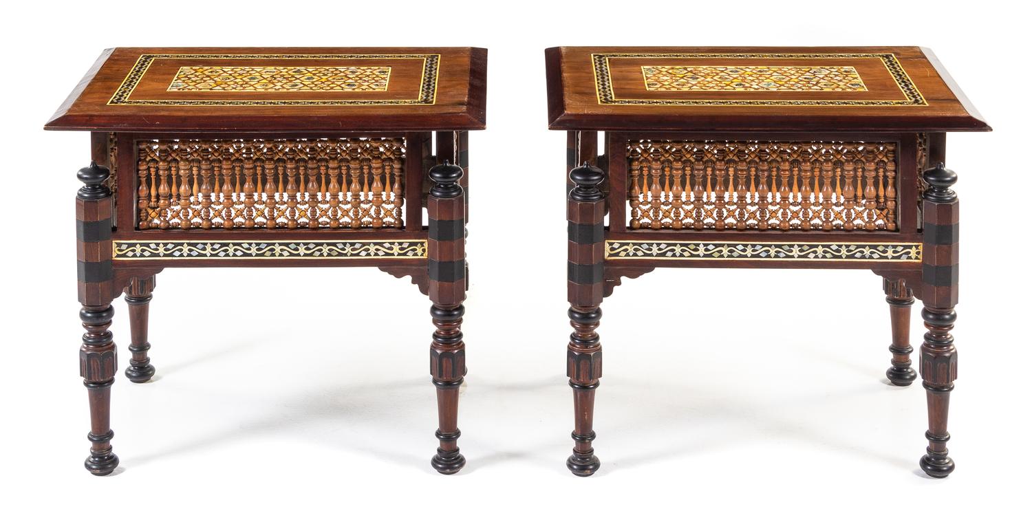 A Pair of Moorish Mother-of-Pearl Inlaid Side Tables Height 22 1/2 x width 25 3/4 x depth 17 7/8 inches. — 20TH CENTURY
