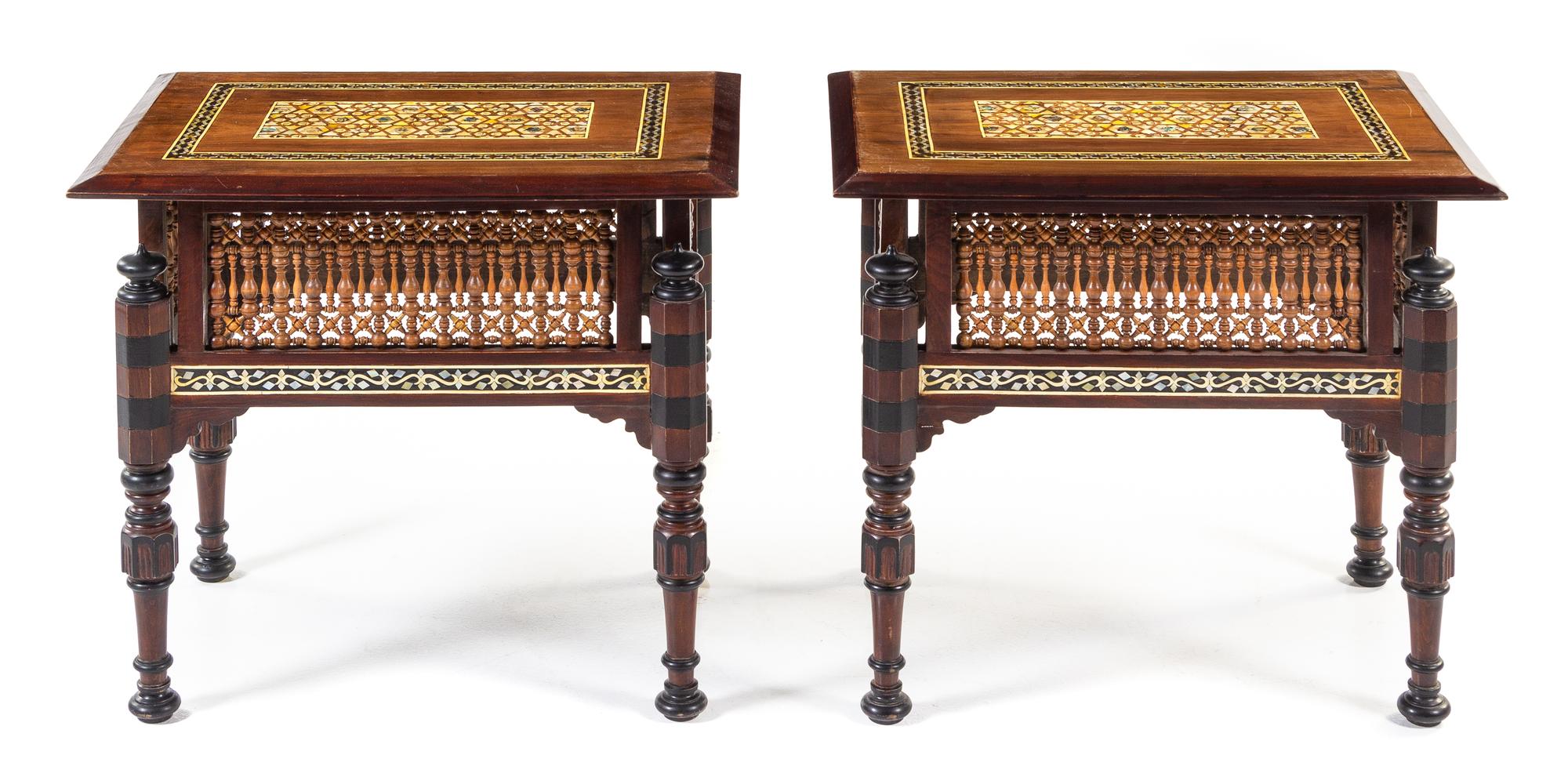 A Pair of Moorish Mother-of-Pearl Inlaid Side Tables Height 22 1/2 x width 25 3/4 x depth 17 7/8 inches. — 20TH CENTURY