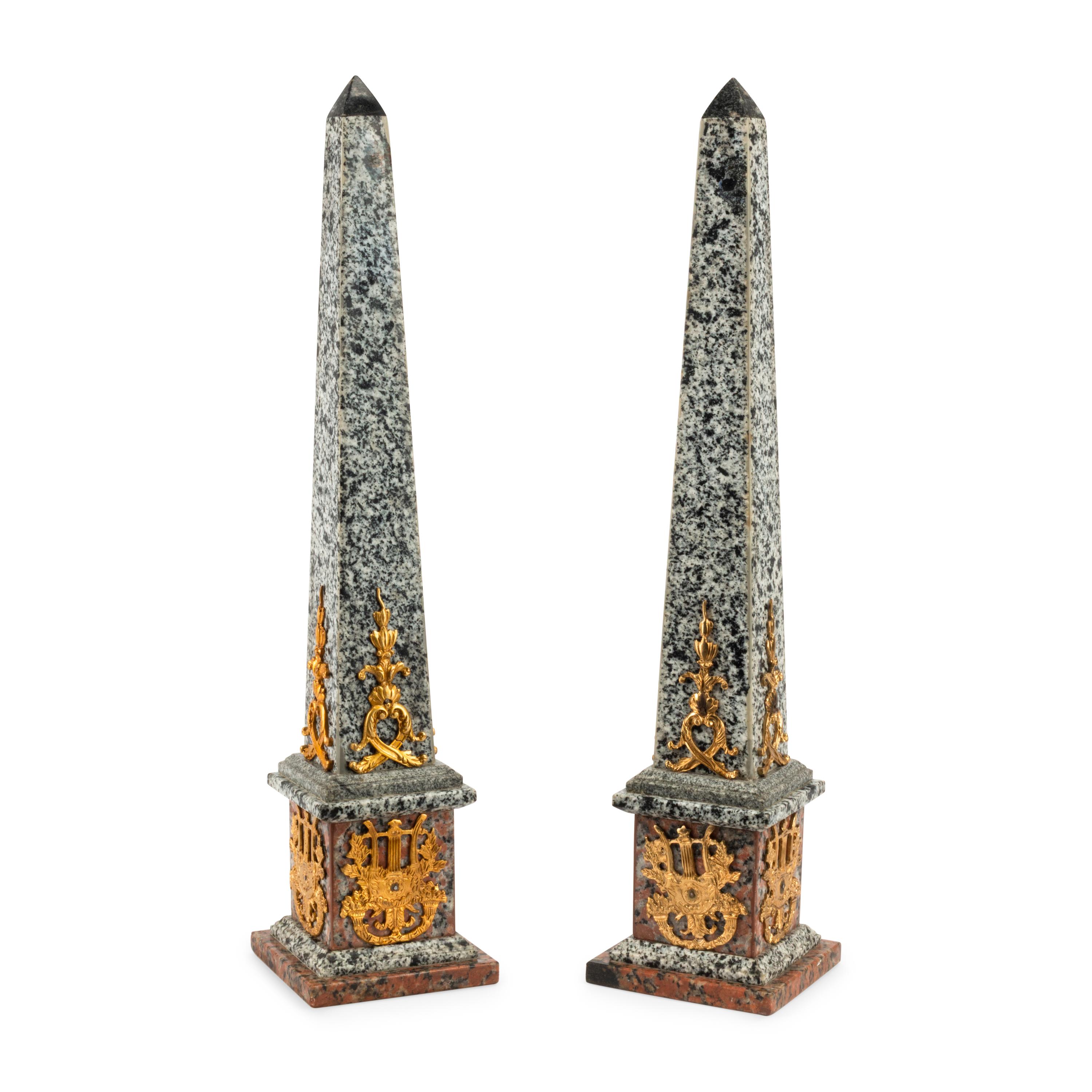 A Pair of Italian Granite and Gilt Bronze Mounted Obelisks