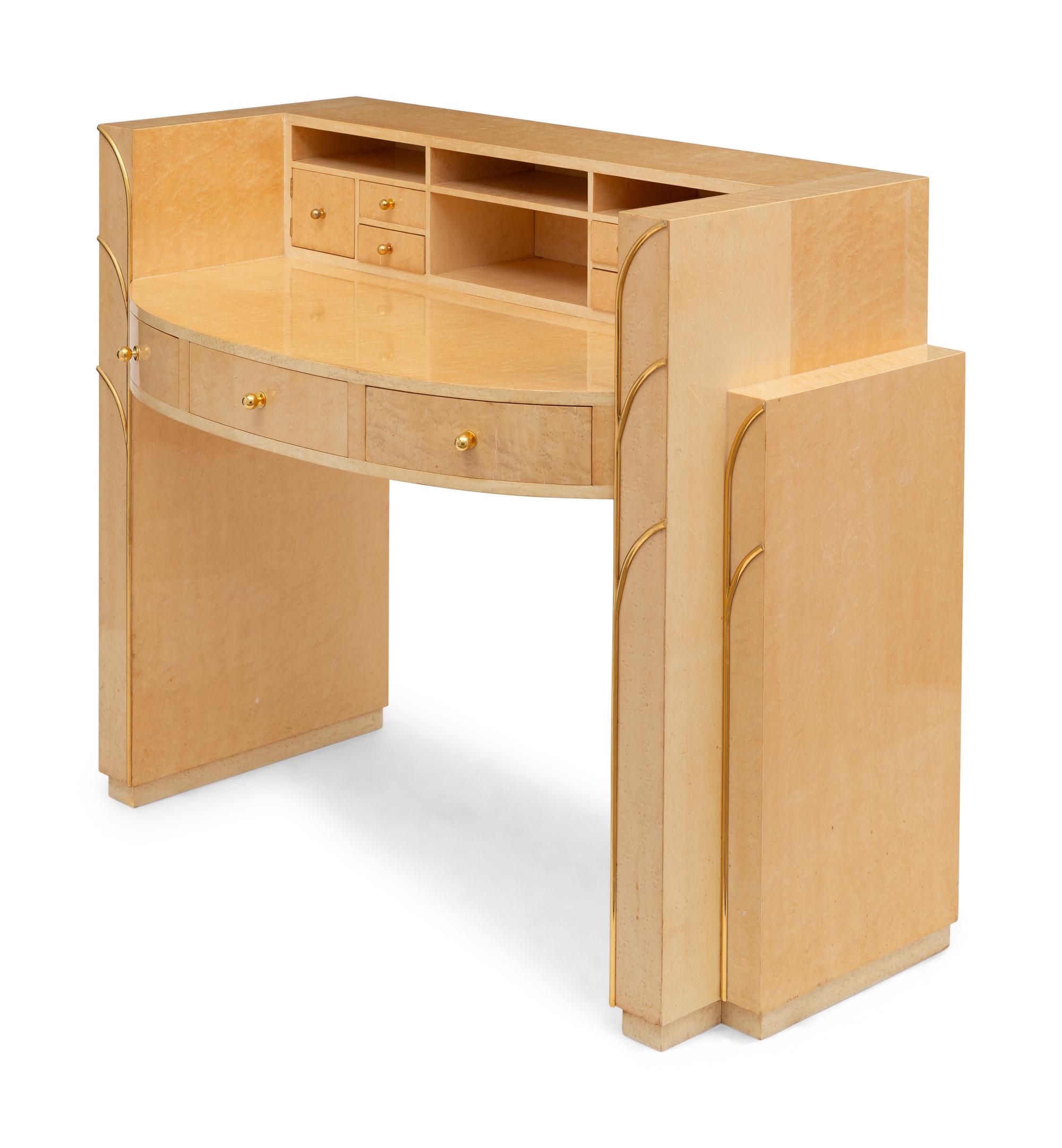 An Art Deco Style Brass Mounted Birdseye Maple Dressing Table