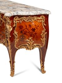 A Pair of Louis XV Style Gilt Bronze Mounted Marquetry Marble-Top Commodes
