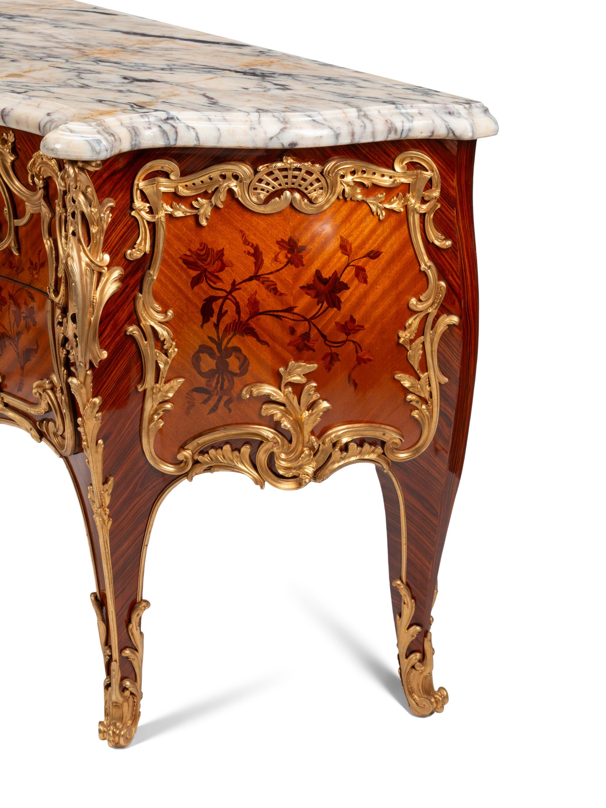 A Pair of Louis XV Style Gilt Bronze Mounted Marquetry Marble-Top Commodes