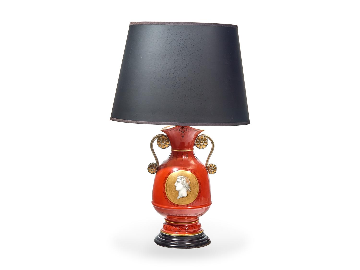 A Continental Parcel-Gilt Etruscan Decorated Porcelain Lamp