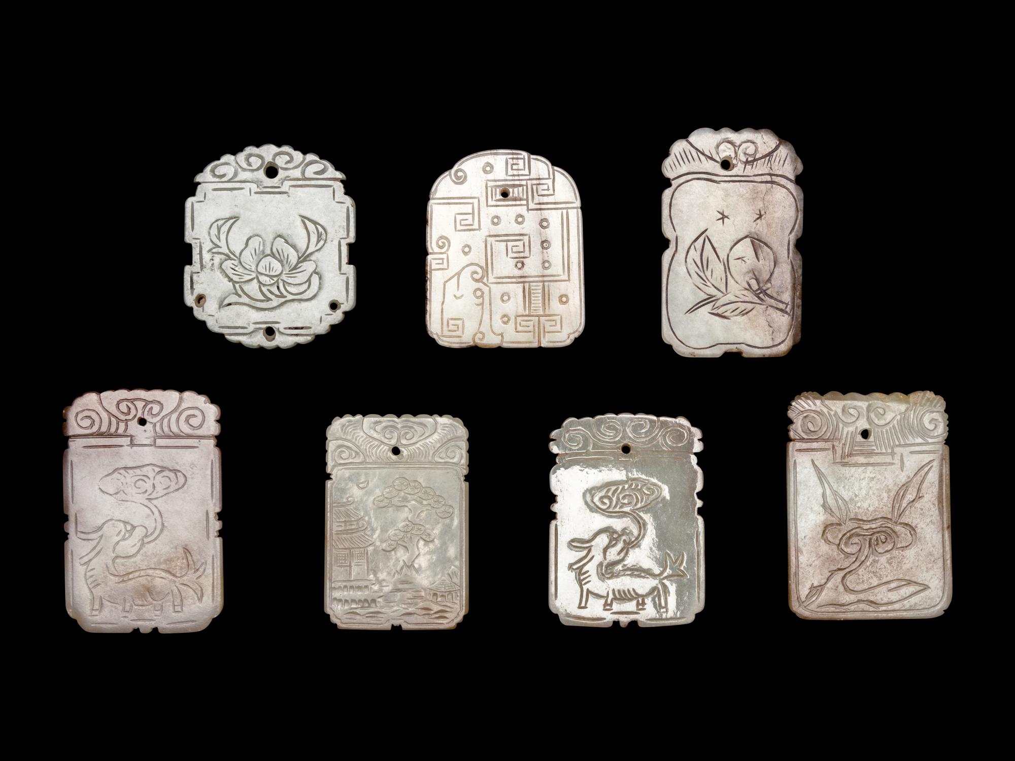 Seven Chinese Celadon Jade Carved Plaques