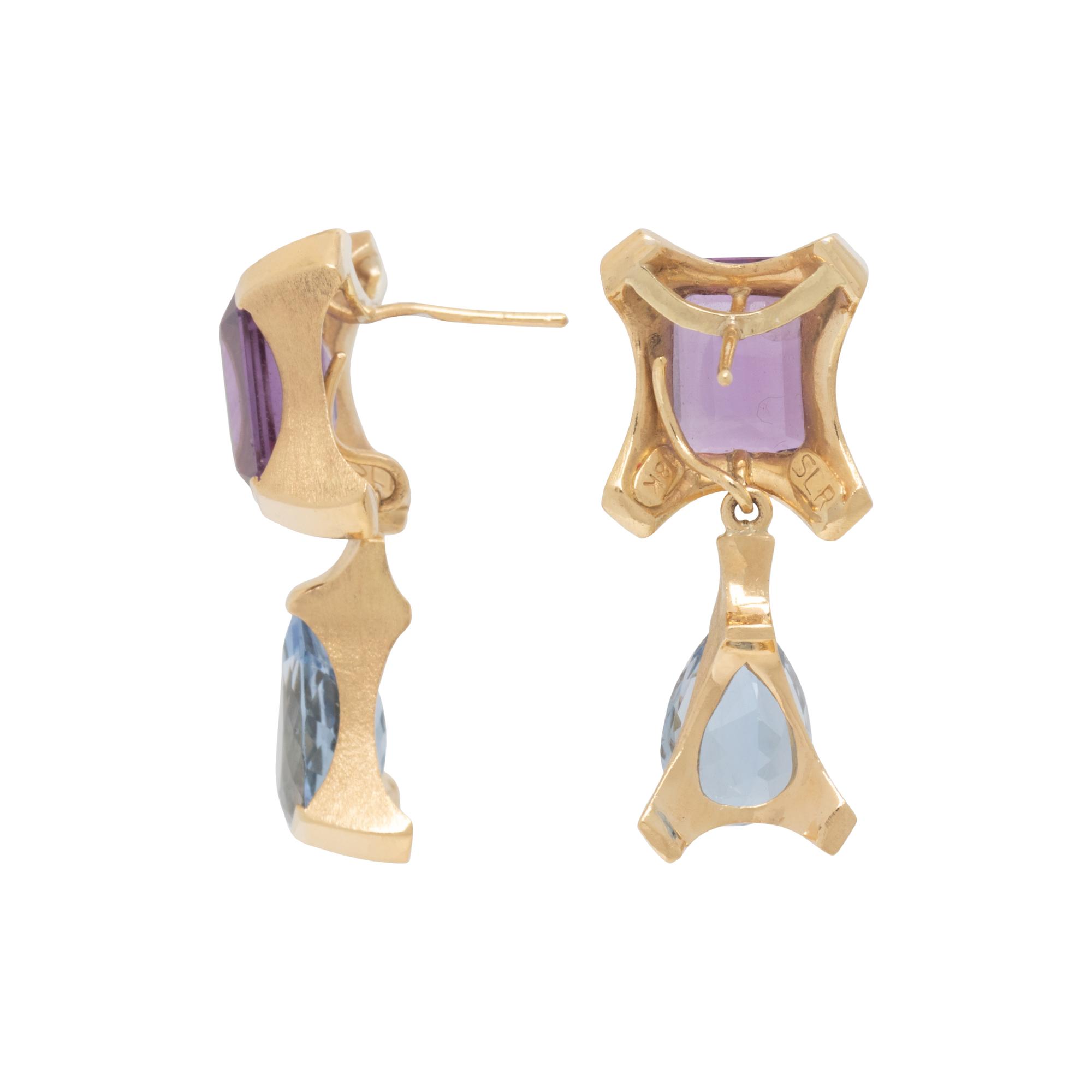 YELLOW GOLD, AMETHYST, AND AQUAMARINE CONVERTIBLE EARRINGS