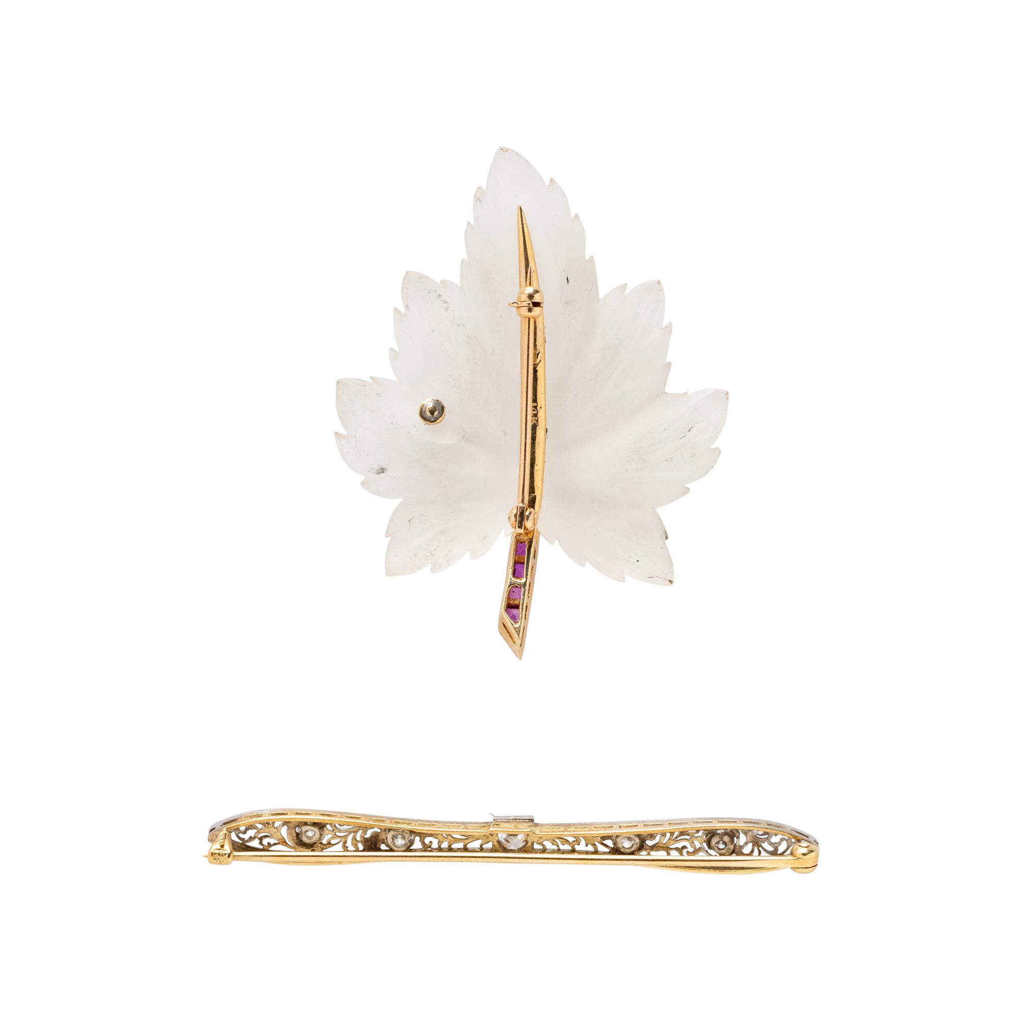 MULTIGEM LEAF BROOCH AND DIAMOND BAR PIN