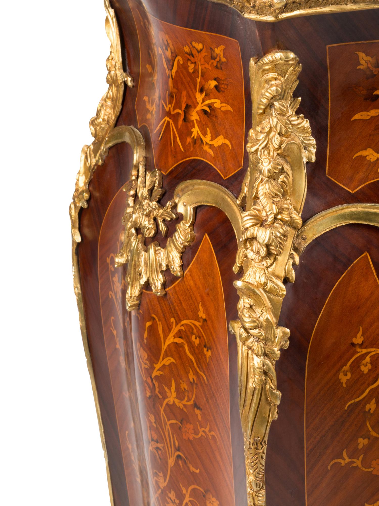 A Pair of Louis XV Style Gilt Bronze Mounted Marquetry Pedestals